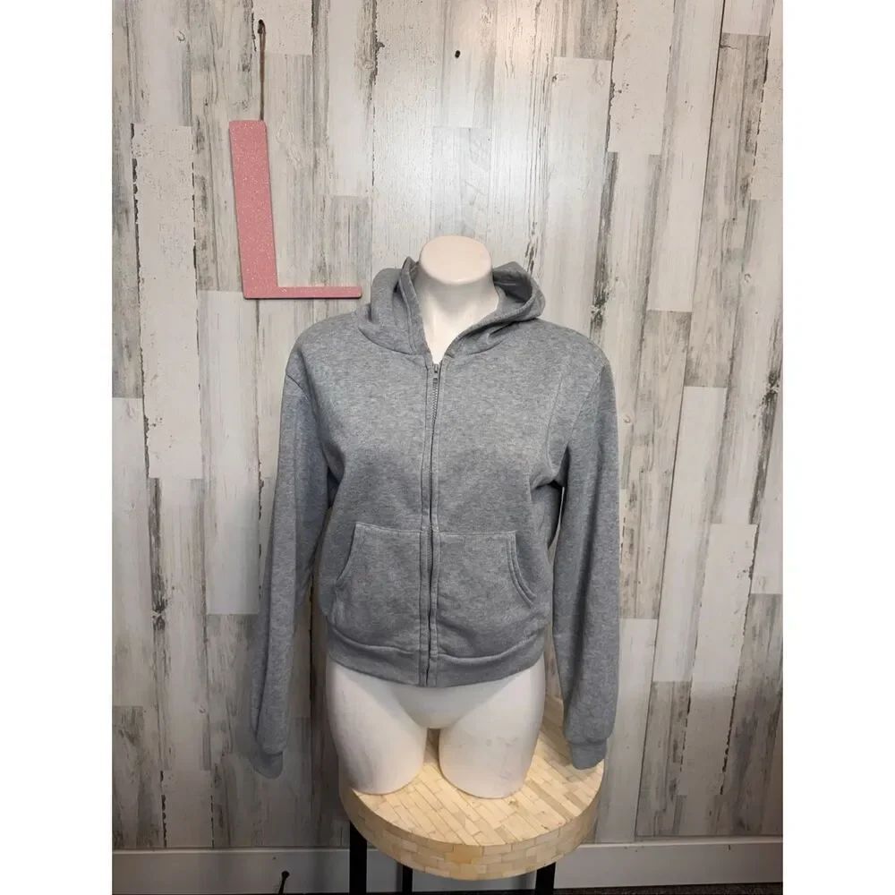 Gray Cropped Zip Up Hoodie Size Large Casual Basic Lounge